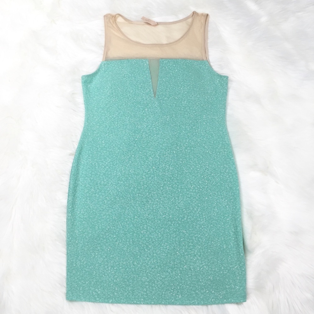 Seafoam & Nude Mesh V-neck Leopard Glitter Dress